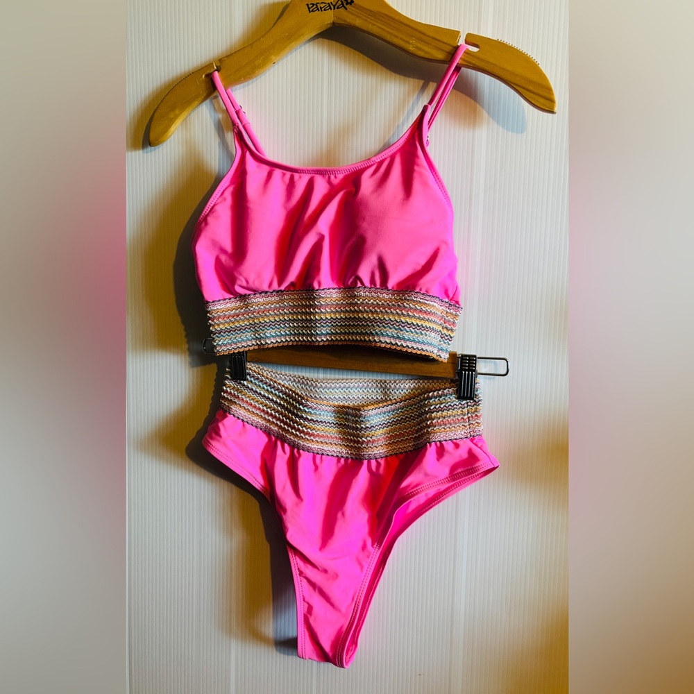 Neon Pink Two-Piece Bikini with Multicolor Woven Waistband